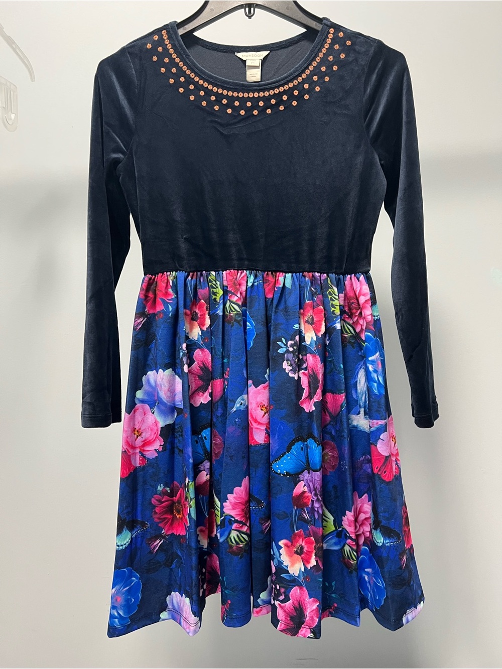 Monsoon Girl’s Navy Velvet Top Floral Skirt Dress